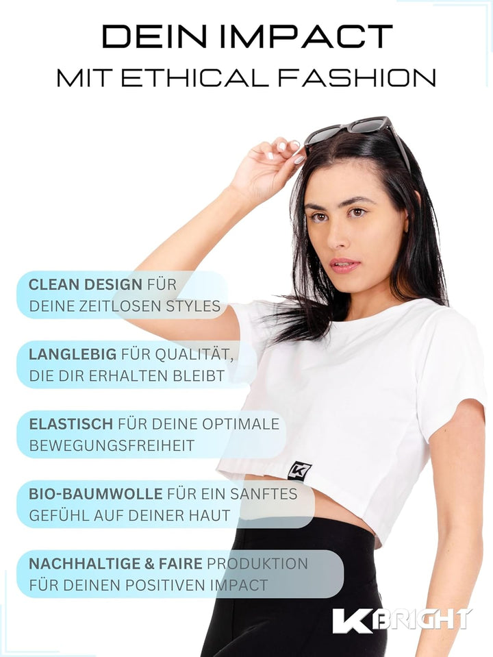 K-BRIGHT Damen Crop Top Kurzarm Basic Nachhaltig Bio Baumwolle Freizeit Sportoberteil Essential Shir