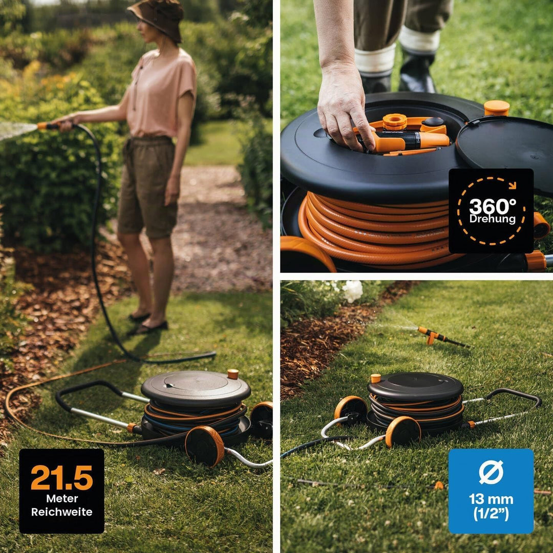 Fiskars Waterwheel M, All-Inclusive-Bewässerungs-Set, 21,5 m Gesamtreichweite, Gartenschlauch in Uni