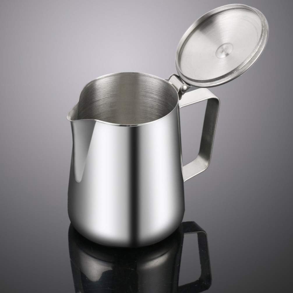 BESTonZON Milchkännchen Edelstahl Sahnekännchen mit Deckel 350 ML Aufschäumen Milch Kaffee Mokka Cap