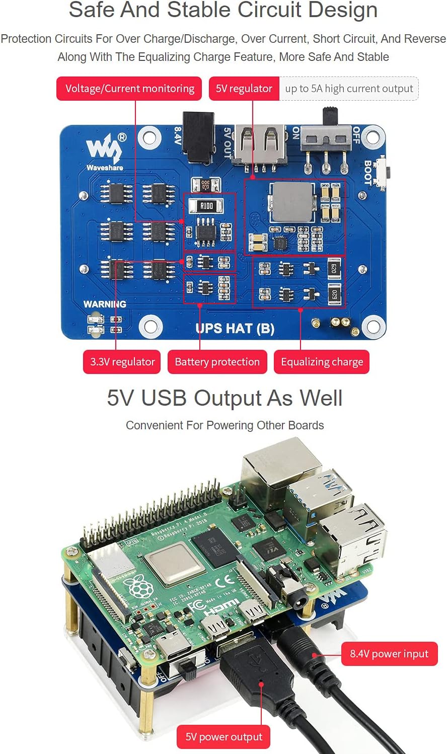 Waveshare UPS Hat (B) for Raspberry Pi 5V Uninterruptible Power Supply 5A High Current with Pogo Pin