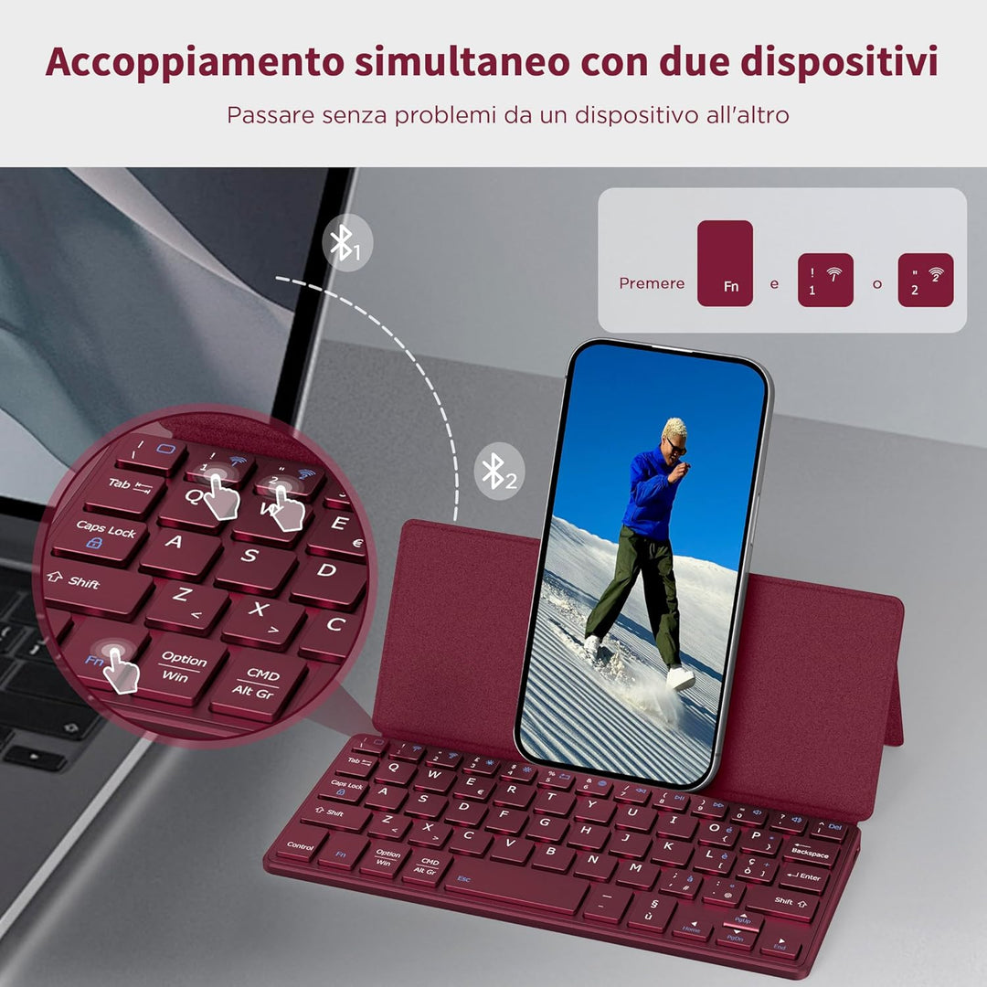 CACOE Mini Bluetooth Tastatur mit Ständer für Handy, Ultraflache Tragbare, Faltbare, Dual-Channel It
