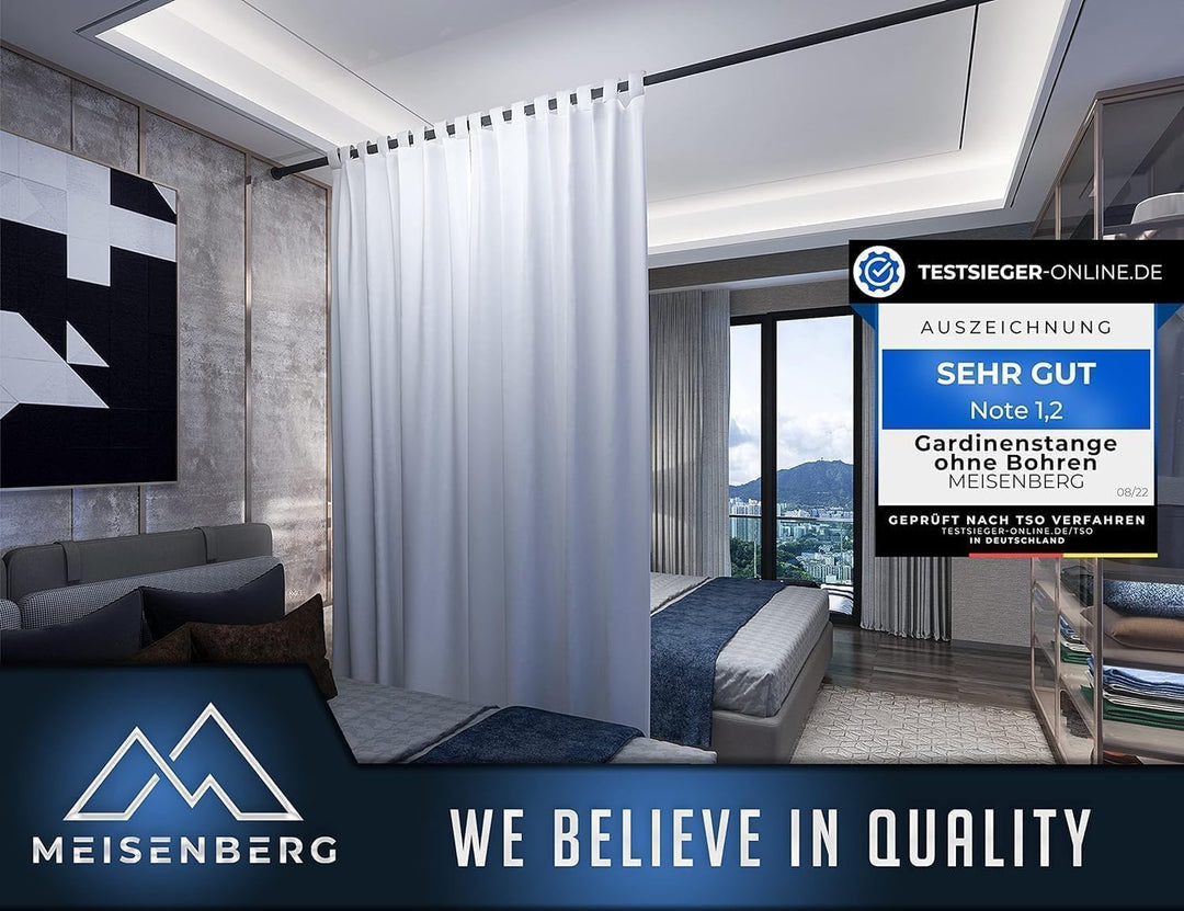 MEISENBERG Duschvorhangstange ohne Bohren 160-210cm, Ø32mm Matt Schwarz Klemmbare belastbare Gardine