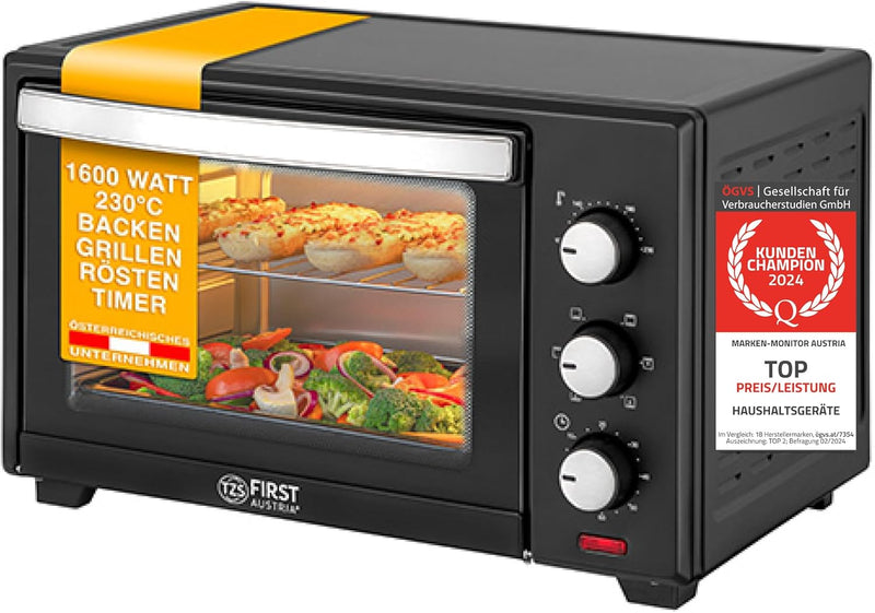 TZS First Austria - 30 Liter Minibackofen mit 1600 Watt schwarz| Unter-Oberhitze bis 230 Grad stufen