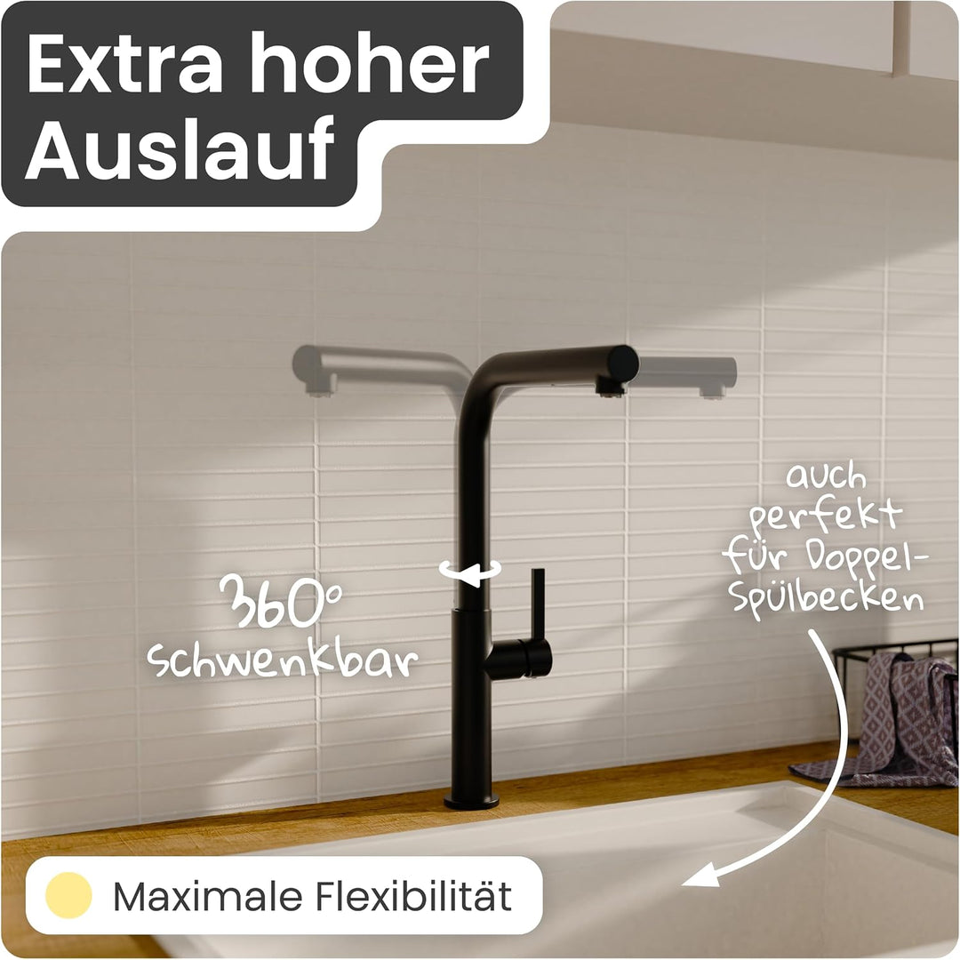 Niederdruck Küchenarmatur | Wasserhahn Küche | Mischbatterie | mit herausziehbarem Auslauf | 360° sc