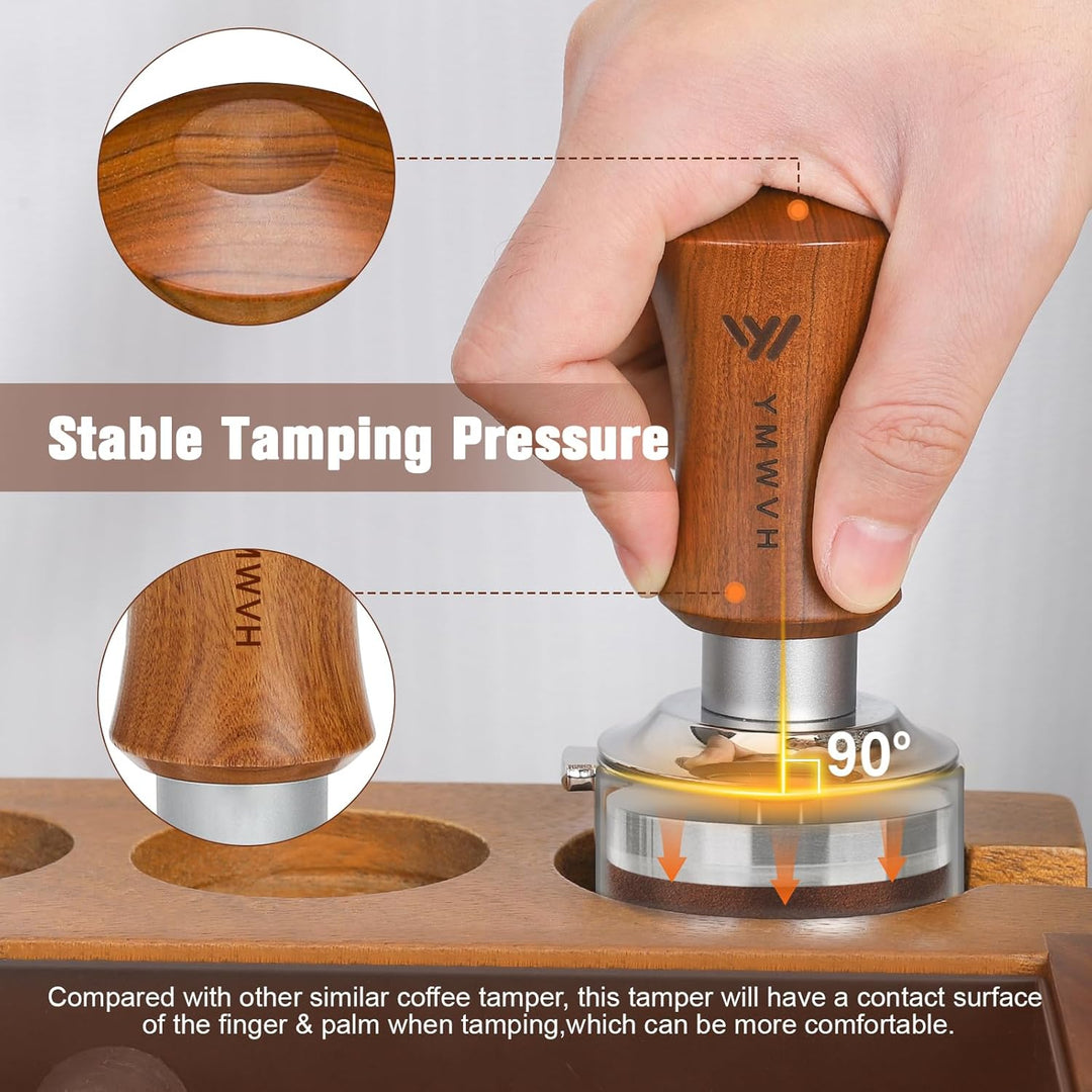 Premium Espresso Tamper mit Base Ripple 51mm - Kaffeestampfer aus Edelstahl mit formschönem Walnuss-