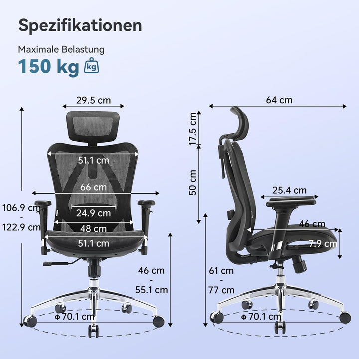 SIHOO M57 Ergonomischer Bürostuhl, Chefsessel mit 3D verstellbare Armlehne und Lendenwirbelstütze, H