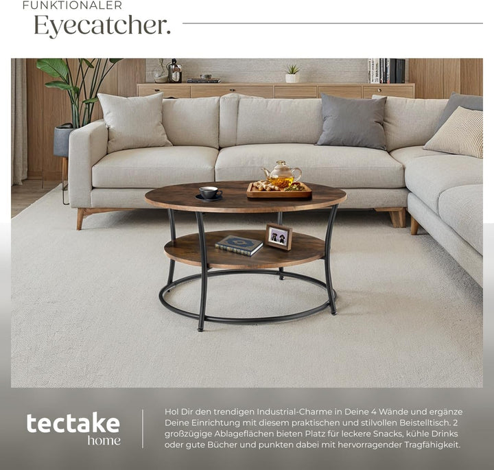tectake® Tisch rund, 2 Ablagen, Wohnzimmertisch Ø 80, Couchtisch mit Stauraum, Beistelltisch Holz un