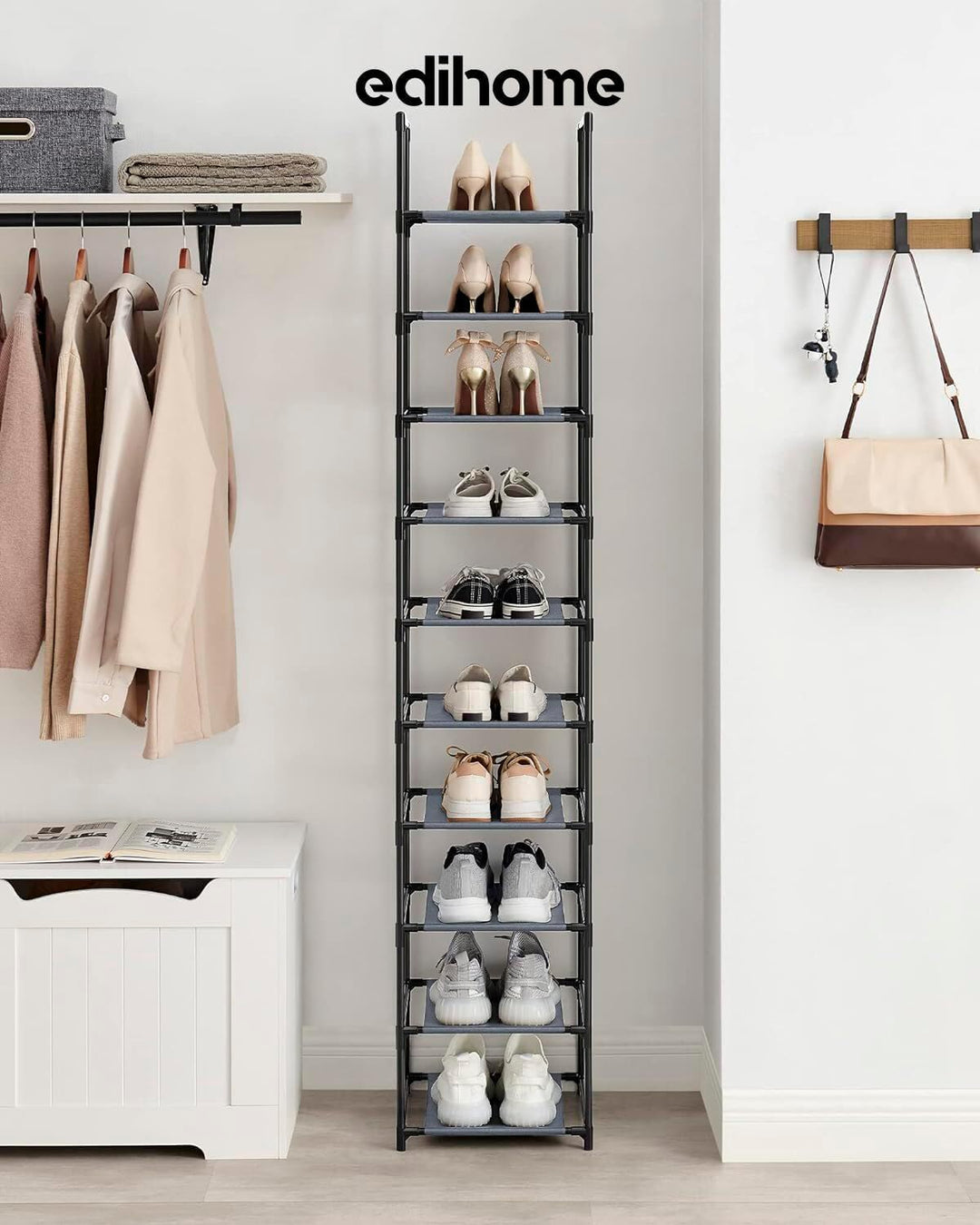 edihome, Schuhregal, 10 Ebenen, (33 x 33 x 173 cm), Schuhschrank Schmal, Schmale und hohe Schuhregal