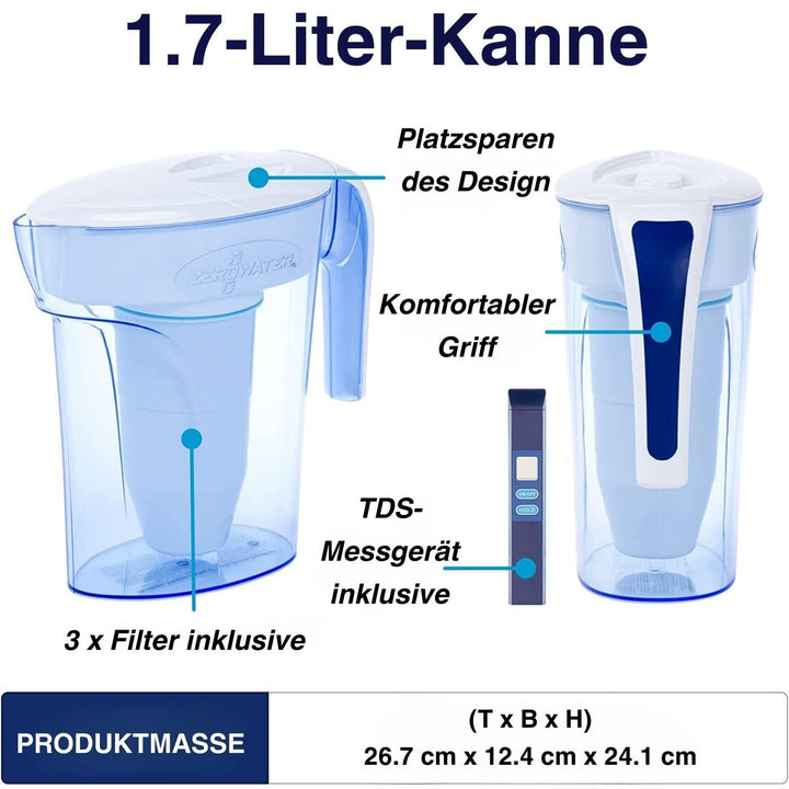 ZeroWater Wasserfilter Kombi-Set, 1,7 L Krug mit 3 Filterkartuschen und Wasserqualitätsmessgerät, BP