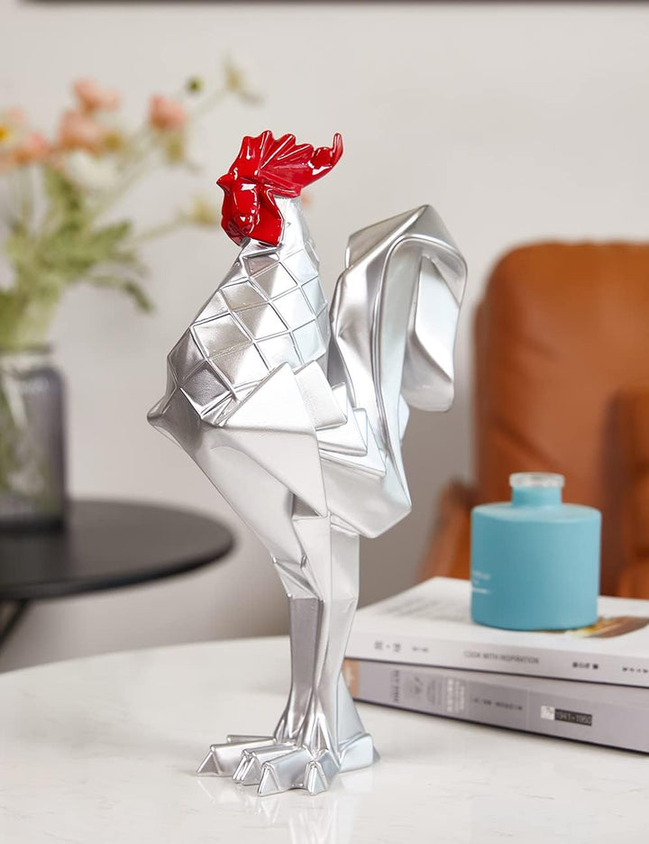 NENBOLEC Modern Skulptur Dekor Hahn Statue Tier Arts Wohnzimmer Kunst Polyresin Silber Geschenk 31cm