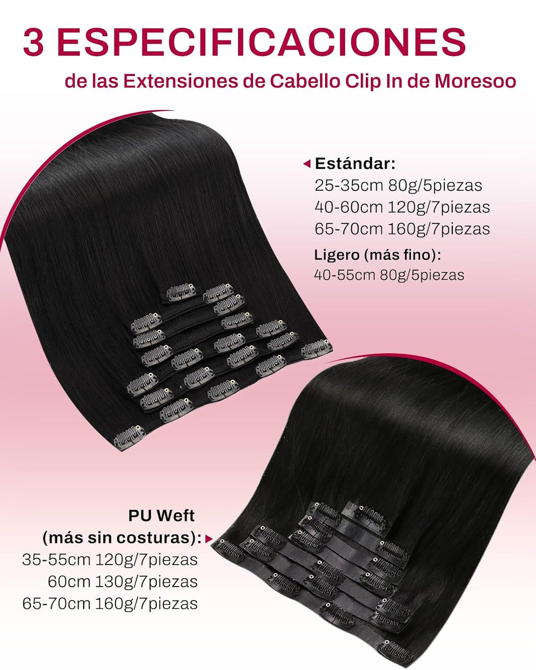 Moresoo Clip in Extensions Echthaar Schwarz Haarverlängerung Echthaar Clip Natürlich Echthaar Extens