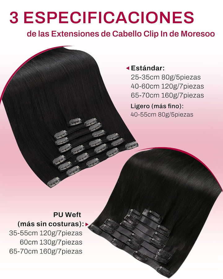Moresoo Clip in Extensions Echthaar Schwarz Haarverlängerung Echthaar Clip Natürlich Echthaar Extens