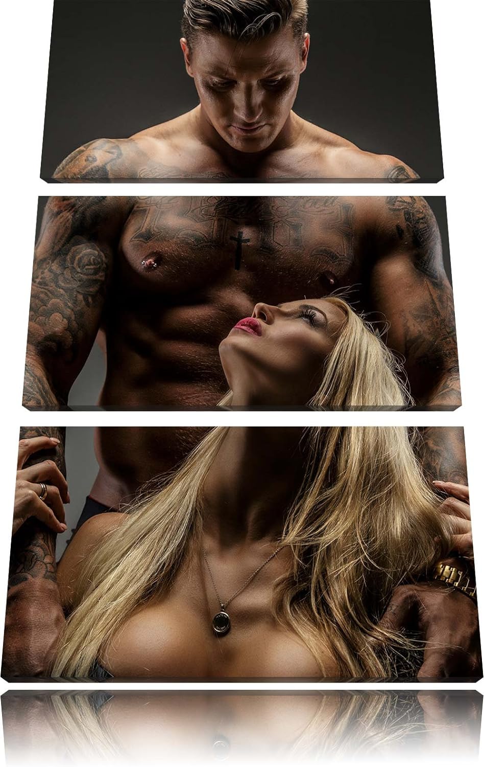 Pixxprint Sexy Frau mit tätowiertem Mann / 3-Teilig/Gesamtmass 120cm Leinwandbild bespannt auf Holzr