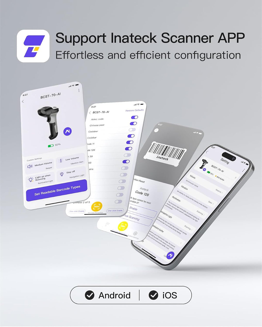 Inateck Barcode Scanner Bluetooth 1D mit AI, Handheld Kabellos, BCST-70 AI | 180 Tage Standby mit Ei