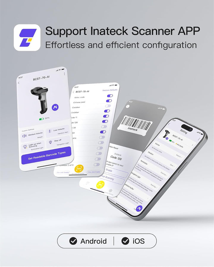 Inateck Barcode Scanner Bluetooth 1D mit AI, Handheld Kabellos, BCST-70 AI | 180 Tage Standby mit Ei