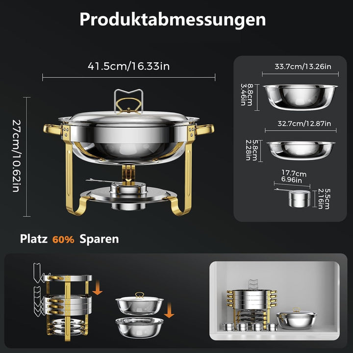 Chafing Dish Set 4,5L Rund Speisenwärmer mit Glasdeckel Erstklassiger 410 Edelstahl Wärmebehälter Su