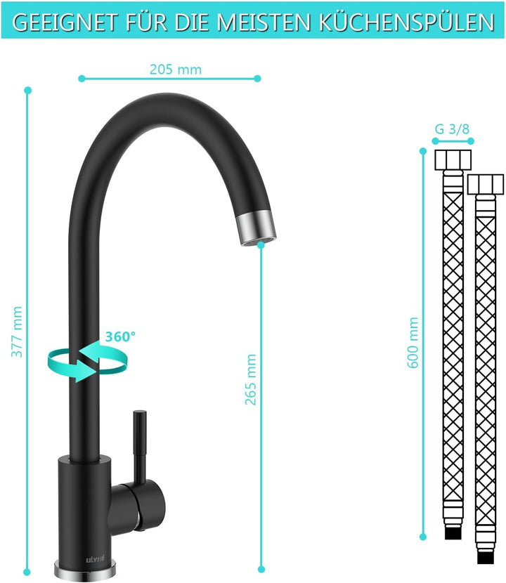 Ulytid Niederdruck Armatur Küche, Edelstahl Wasserhahn Küche, Spültischarmatur Küchenarmatur mit 360