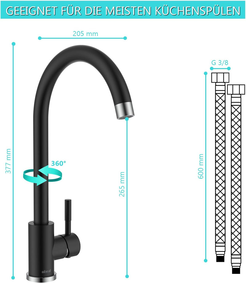 Ulytid Niederdruck Armatur Küche, Edelstahl Wasserhahn Küche, Spültischarmatur Küchenarmatur mit 360