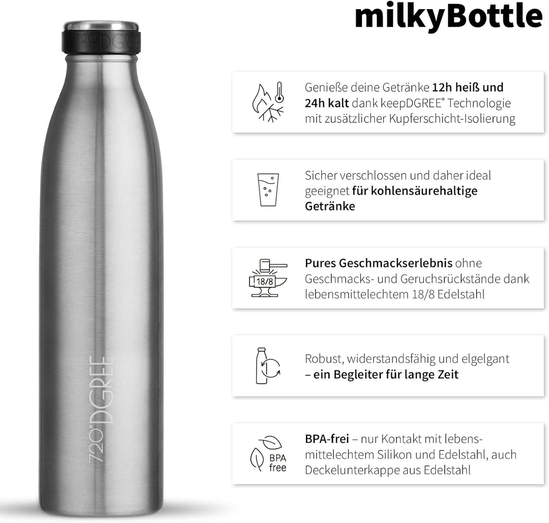 720°DGREE Edelstahl Trinkflasche “milkyBottle” - 1L - BPA-Frei, Auslaufsicher, Kohlensäure geeignet