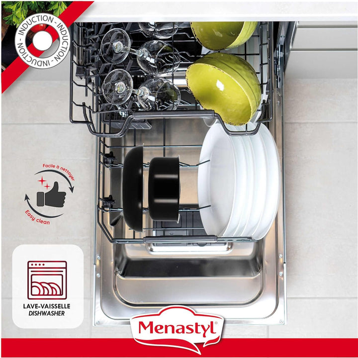 MENASTYL - Iris 6020437 Set mit 5 Töpfen aus schwarzem Aluminium, Induktion, 2 Stieltöpfe 16/18 cm +