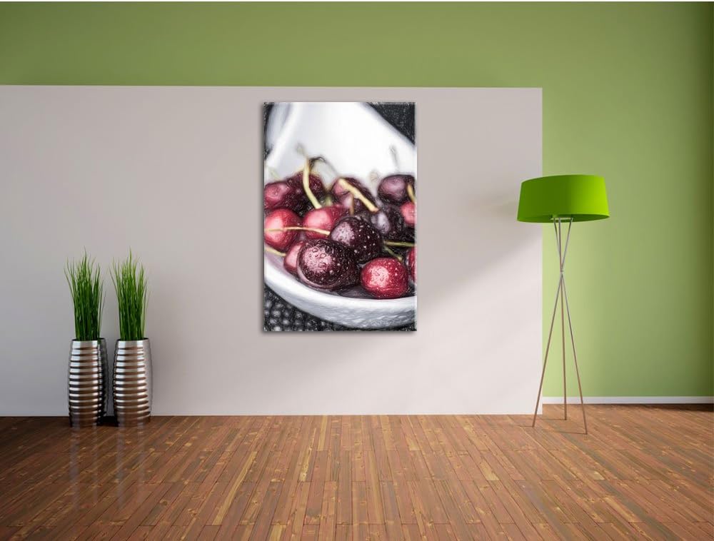 Pixxprint Frische Kirschen in Schlüssel Bunstift Effekt, Format: 100x70 auf Leinwand, XXL riesige Bi