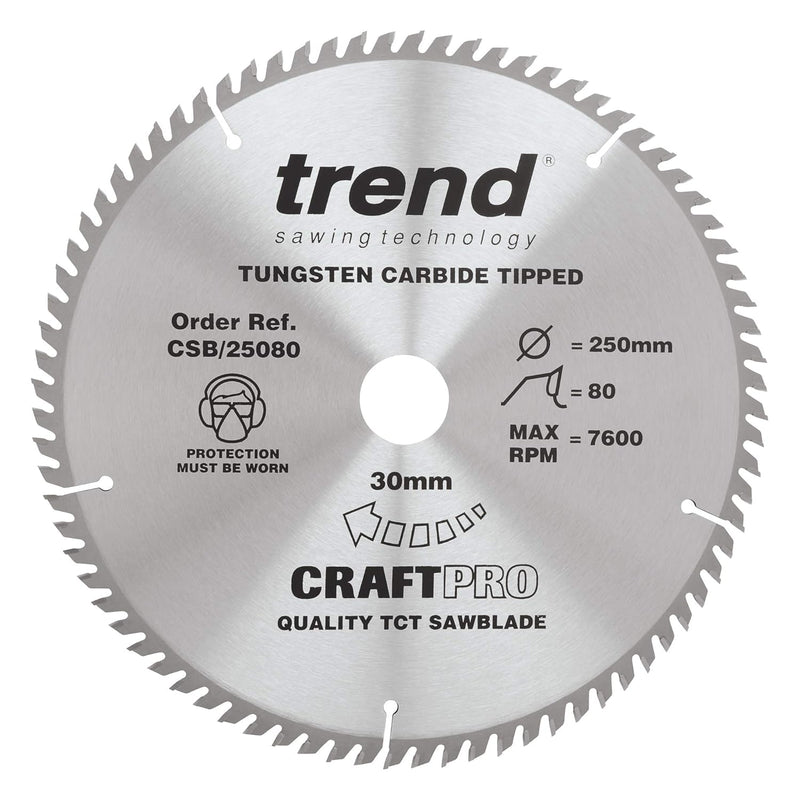 Trend CraftPro Fine Trim TCT Finishing Sägeblatt für Tischkreissäge, 250mm Durchmesser x 80 Zähne x