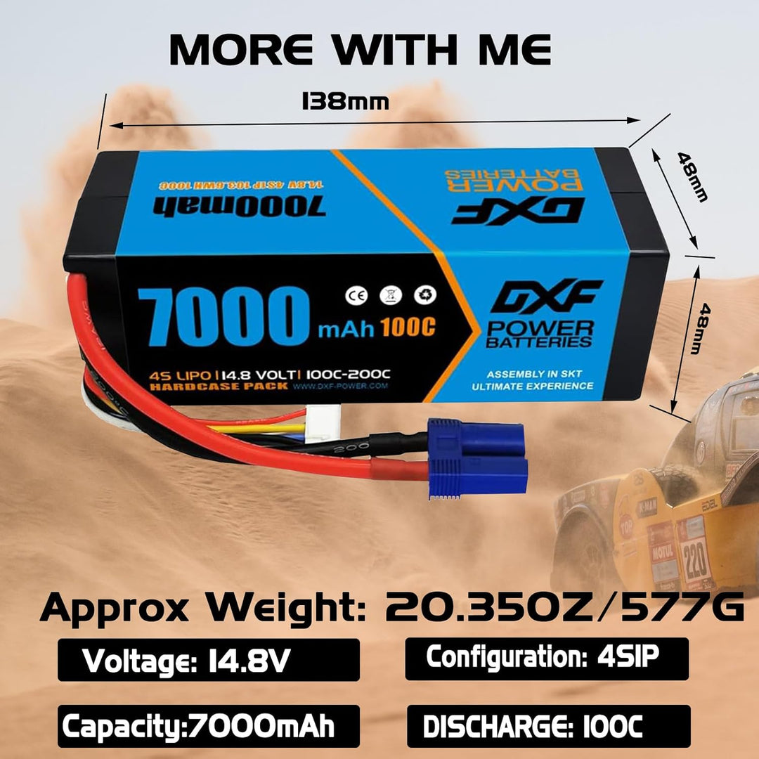 DXF 4S Lipo Batterie 14,8 V 100 C 7000 mAh Hartbatterie mit EC5-Stecker für RC 1/8 und 1/10 Auto RC