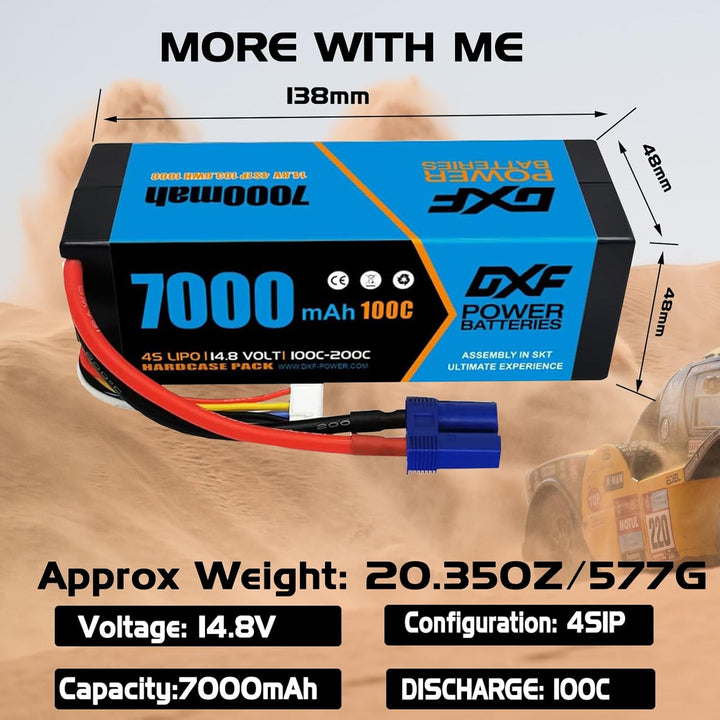 DXF 4S Lipo Batterie 14,8 V 100 C 7000 mAh Hartbatterie mit EC5-Stecker für RC 1/8 und 1/10 Auto RC