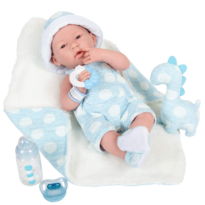 JC TOYS - La Newborn Babypuppe 38 cm aus weichem Vinyl, inklusive Kleidung, Dinosaurier-Plüsch und 4