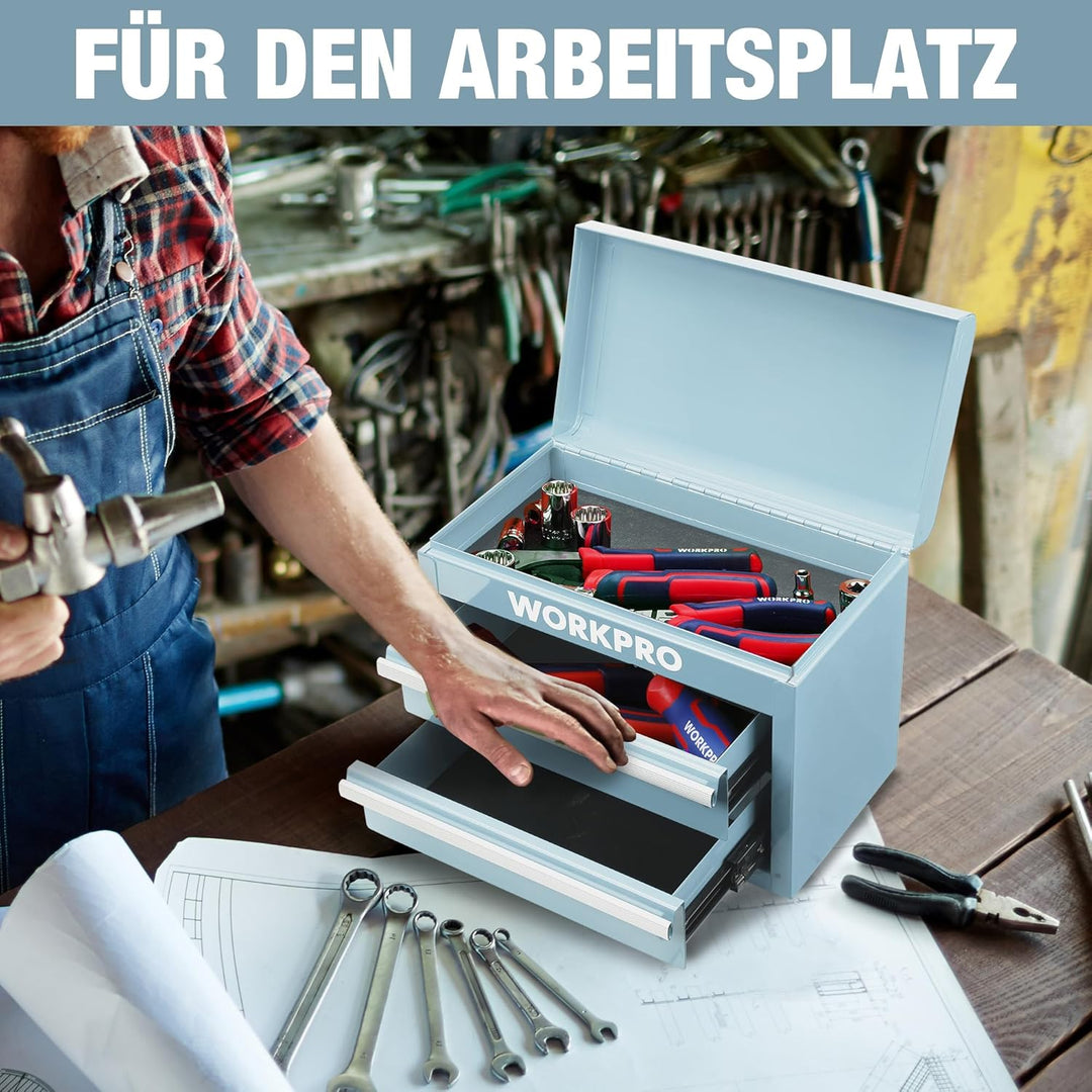 WORKPRO Metall Schubladenbox mit 2 Schubladen & Oberer Stauraum Hellblau, 27,5x15x20,8cm Tisch Organ