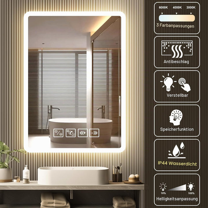 Badspiegel mit Beleuchtung mit Bluetooth Lautsprecher 50x70cm,Runden LED Badezimmerspiegel mit Entfo