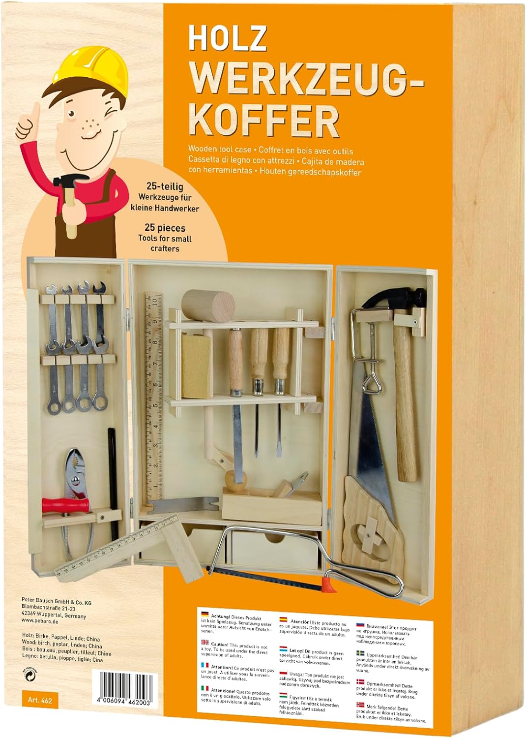 Pebaro 462 Starter Werkzeugkasten für Kinder, 25 Teile in Holzbox, kompakter Holzschrank mit Zubehör