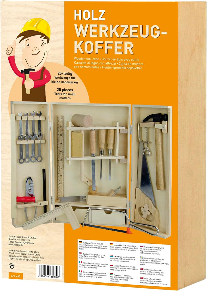 Pebaro 462 Starter Werkzeugkasten für Kinder, 25 Teile in Holzbox, kompakter Holzschrank mit Zubehör
