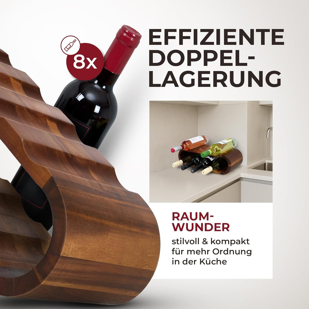 Modernes Weinregal Holz 8 Flaschen – Stilvolles Akazienholz Flaschenregal, 2 Etagen, platzsparend &