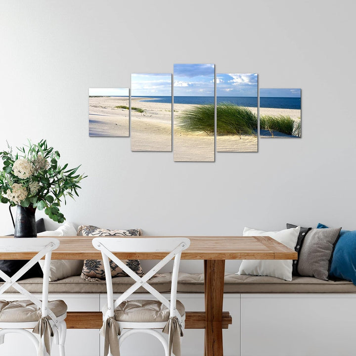 Runa Art Wandbilder Strand Meer 5 Teilig Bild auf Vlies Leinwand Deko Schlafzimmer Wohnzimmer Panora