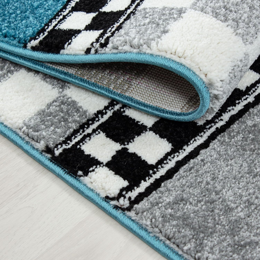 Teppium Kinderteppich für Jungen und Mädchen Rennwagen Muster 80 x 150 cm Blau - Kurzflor Waschbarer