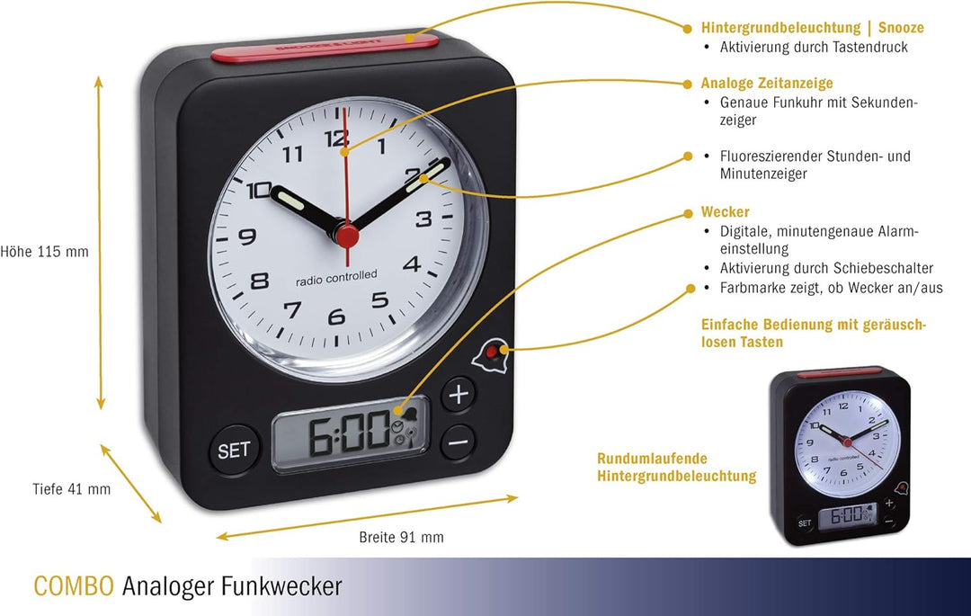 TFA Dostmann Combo Funkwecker, 60.1511.01.05, Analoge Uhrzeit und digitaler Wecker, Funkuhr, einfach