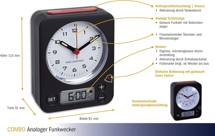 TFA Dostmann Combo Funkwecker, 60.1511.01.05, Analoge Uhrzeit und digitaler Wecker, Funkuhr, einfach