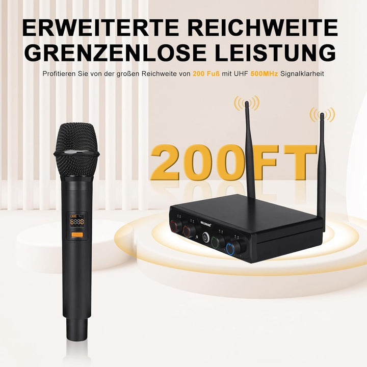 Kabelloses UHF-Mikrofonsystem mit 4 x 10 Frequenzen, 200 Fuss, 2 dynamischen Handmikrofonen, 2 Bodyp