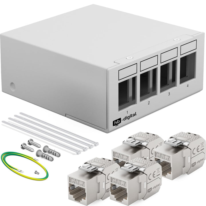 HB-DIGITAL 4-Port Patchpanel Patchfeld Verteilerfeld 1 HE 4X CAT 7 RJ45 Keystone Jack Modul vollgesc