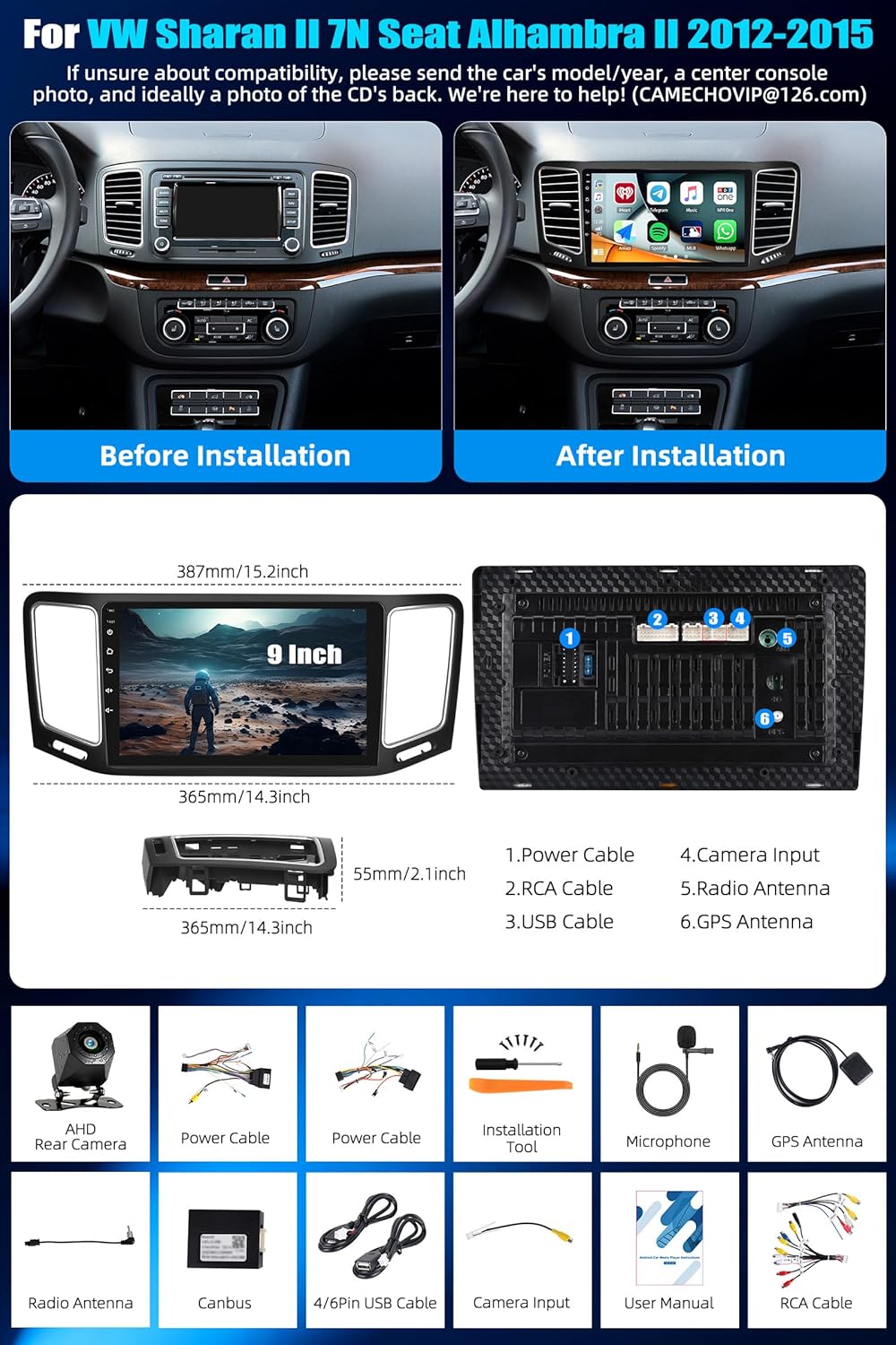 2+64G CAMECHO Android 15 Carplay Autoradio mit Navi für VW Sharan II 7N Seat Alhambra II 2012-2015,