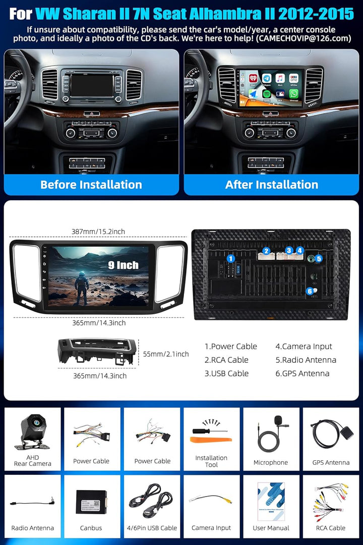2+64G CAMECHO Android 15 Carplay Autoradio mit Navi für VW Sharan II 7N Seat Alhambra II 2012-2015,