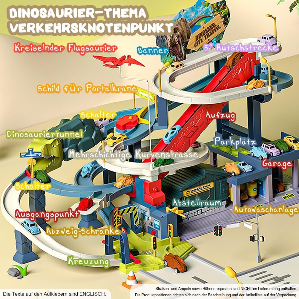 Dinosaurier Spielzeug Rennstrecken Spielset mit 7 Ebenen 8 Autos, Autorennbahn Parkhaus Garage City
