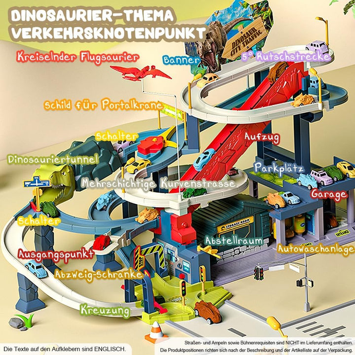 Dinosaurier Spielzeug Rennstrecken Spielset mit 7 Ebenen 8 Autos, Autorennbahn Parkhaus Garage City