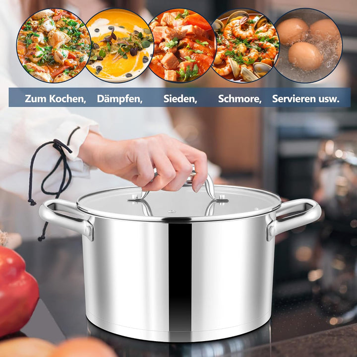 Joyfair 20cm Kochtopf, 3-Lagiger Boden Edelstahl Topf mit Glasdeckel, Suppentopf Induktion für alle