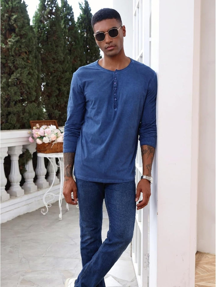 YawYews Henley Shirt Herren Langarm Langarmshirt Herren Longsleeve T Shirt Vintage Tshirt Baumwolle
