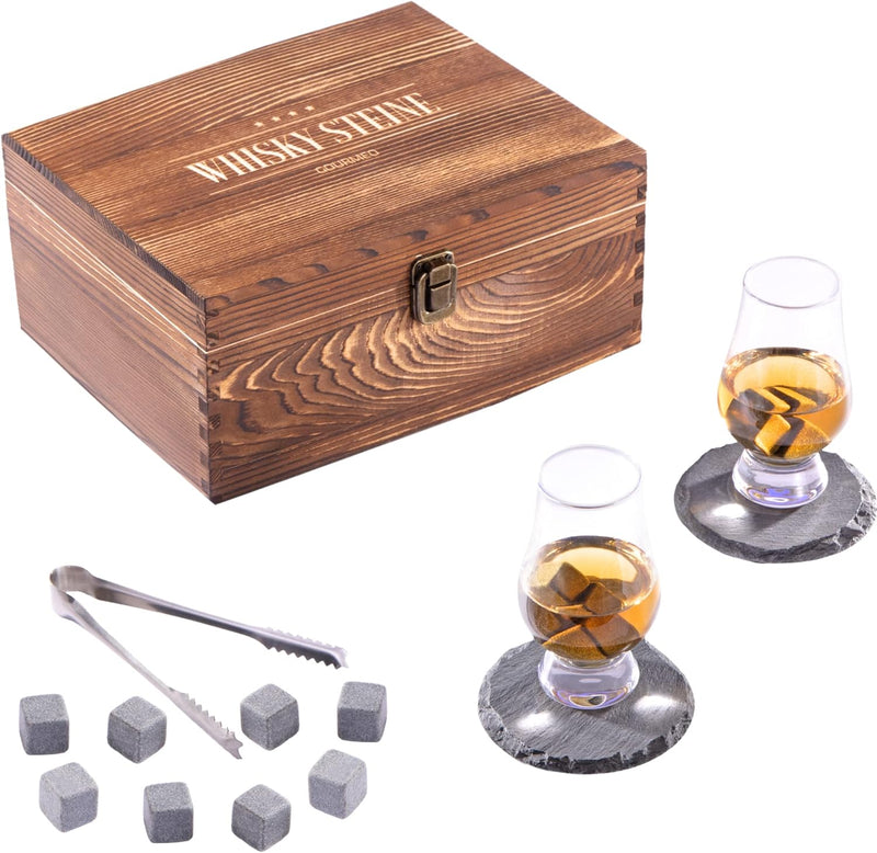 GOURMEO Whisky Stein Geschenkset - Set aus 2 Tulpen Whiskey Gläsern mit 8 Wiederverwendbaren Basalt