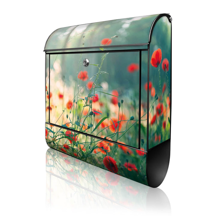 banjado® Design Briefkasten mit Motiv Waldmohn 39x47x14cm &amp; 2 Schlüssel - Briefkasten Stahl schwarz