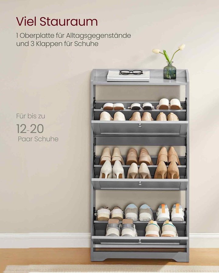 VASAGLE Schuhschrank 3 Klappen, Schuhkipper, Schuhregal, Schuhaufbewahrung, Oberplatte, Trennwand ve