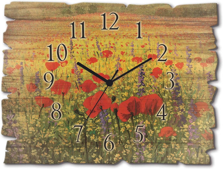ARTLAND Wanduhr ohne Tickgeräusche aus Holz Quarz Uhr lautlos 40x30 cm Rechteckig Blumenwiese Blumen